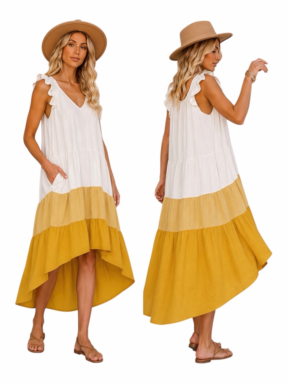 Moodie Yellow White Ombre Tiered Ruffle Dress Size Medium⁠